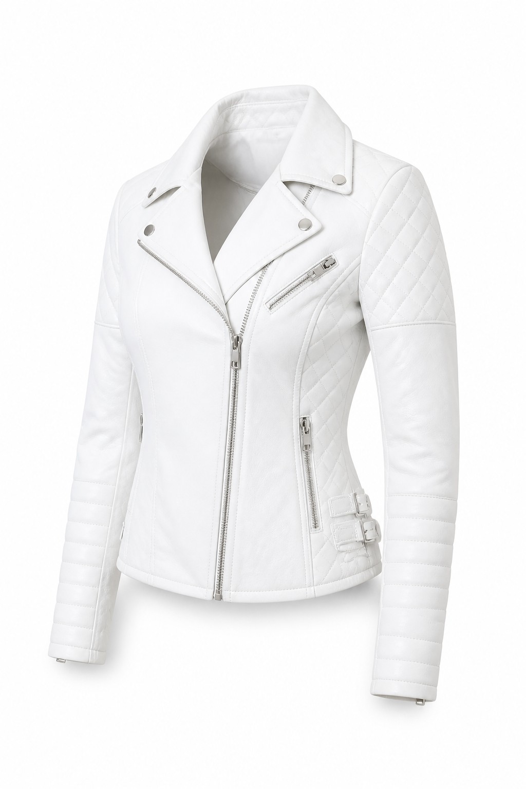 Women White Quilted Biker Jacket 06