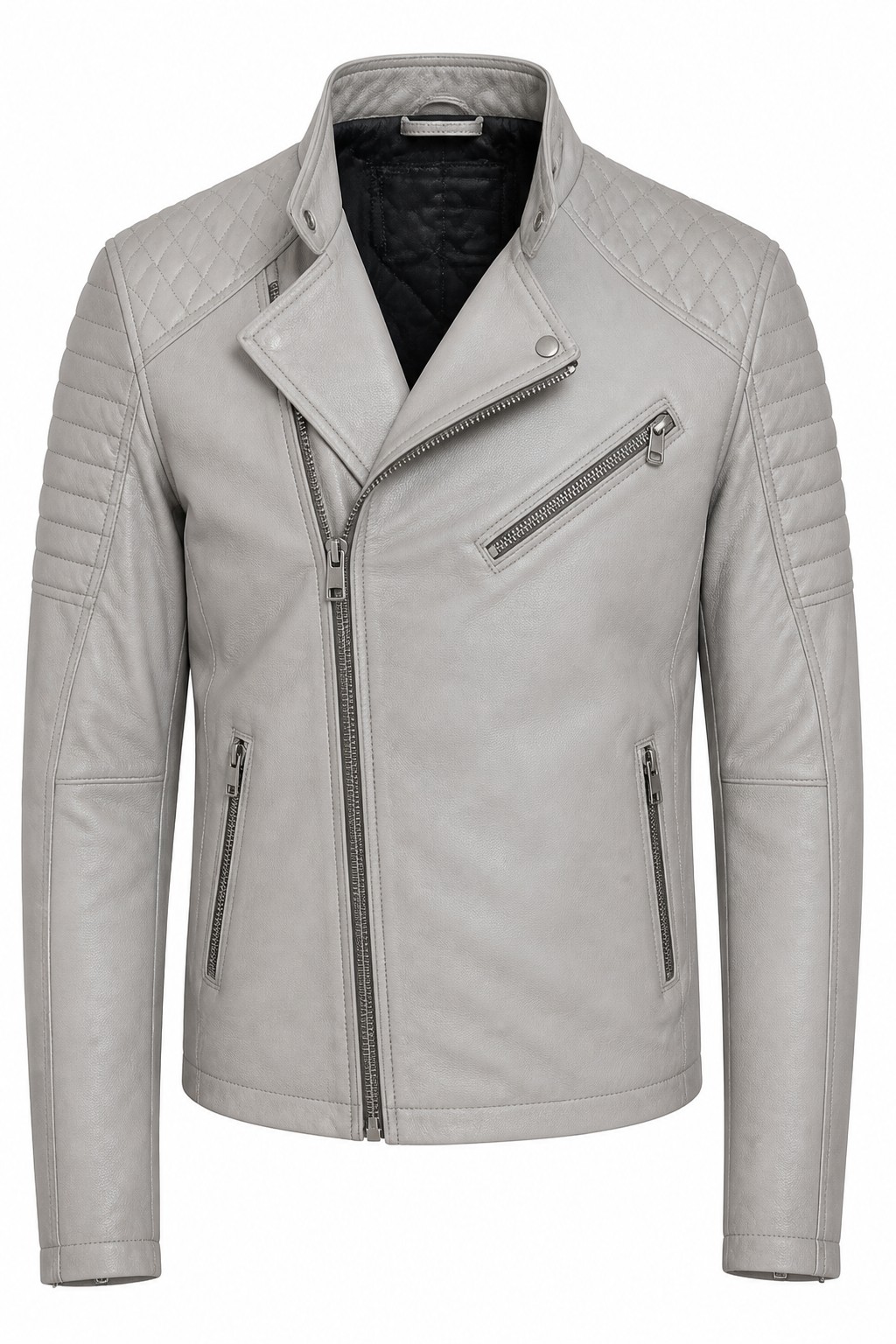 Men Light Grey Quilted Biker Jacket 07