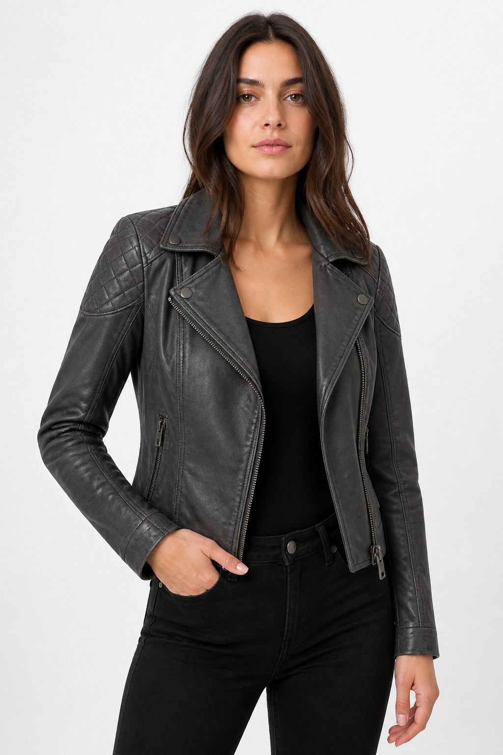 Women Charcoal Grey Quilted Biker Jacket 08