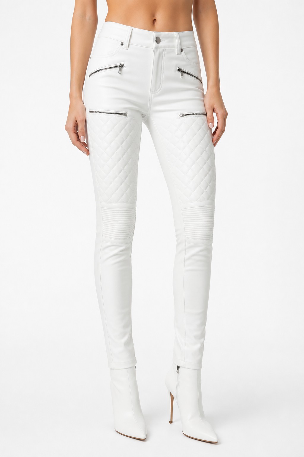 Women White Quilted Biker Pants 02
