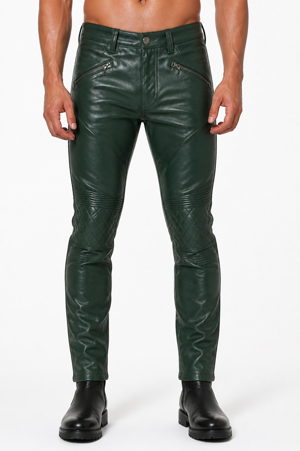 Men Green Quilted Biker Pants 03