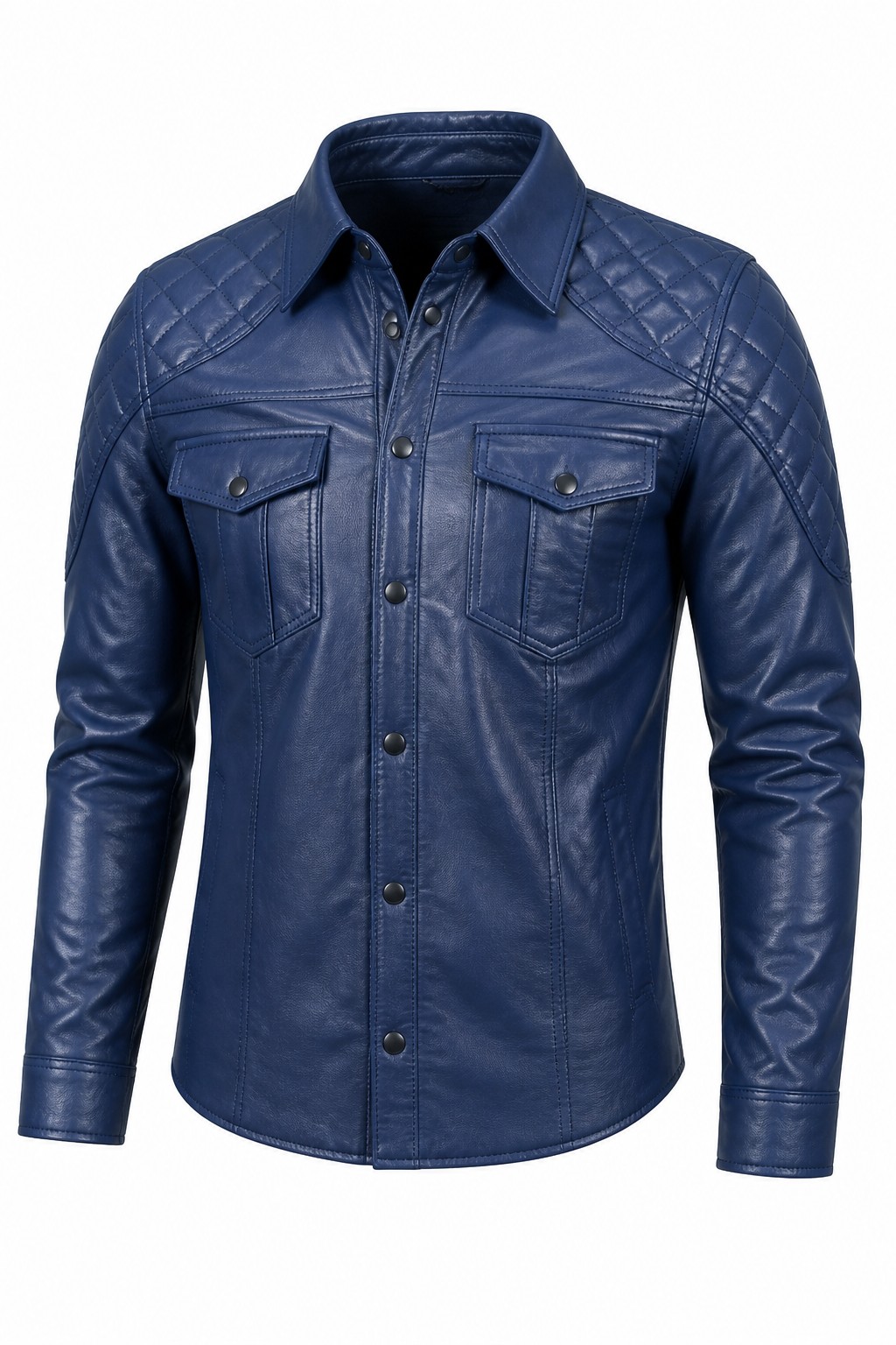 Men Blue Quilted Biker Shirt 01