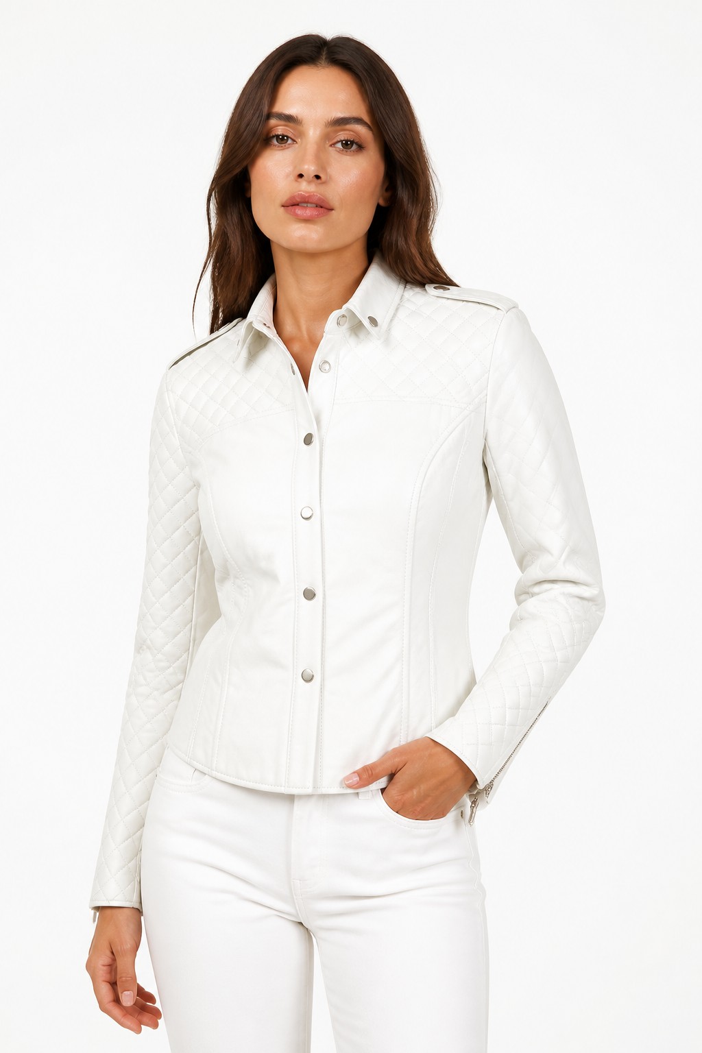 Women White Quilted Biker Shirt 02
