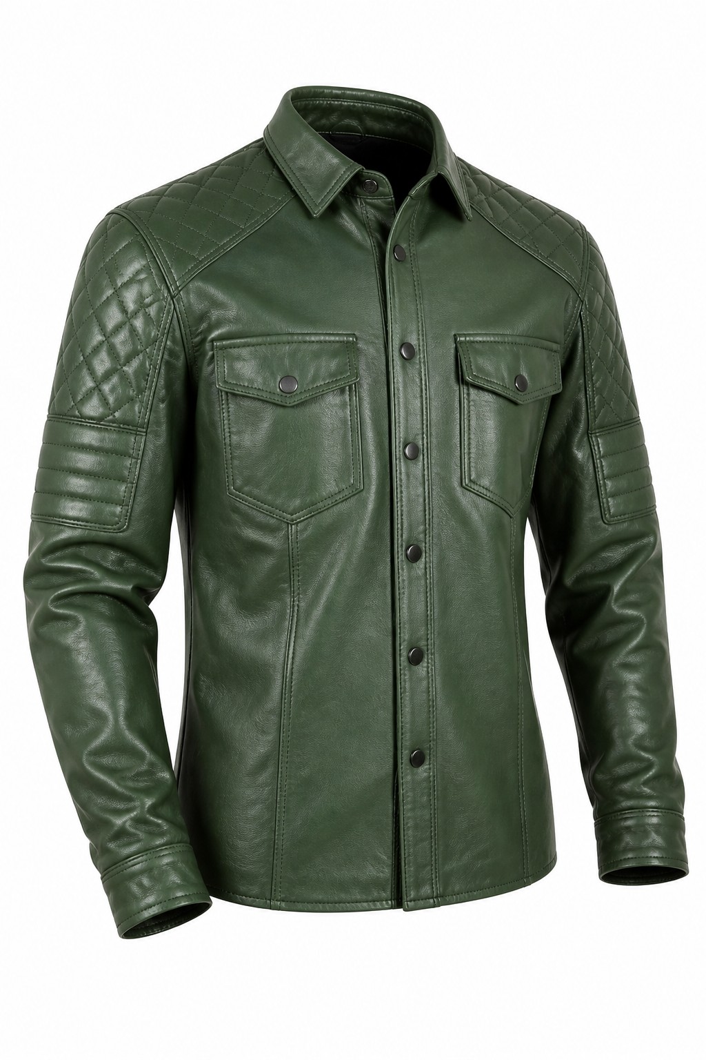 Men Green Quilted Biker Shirt 03