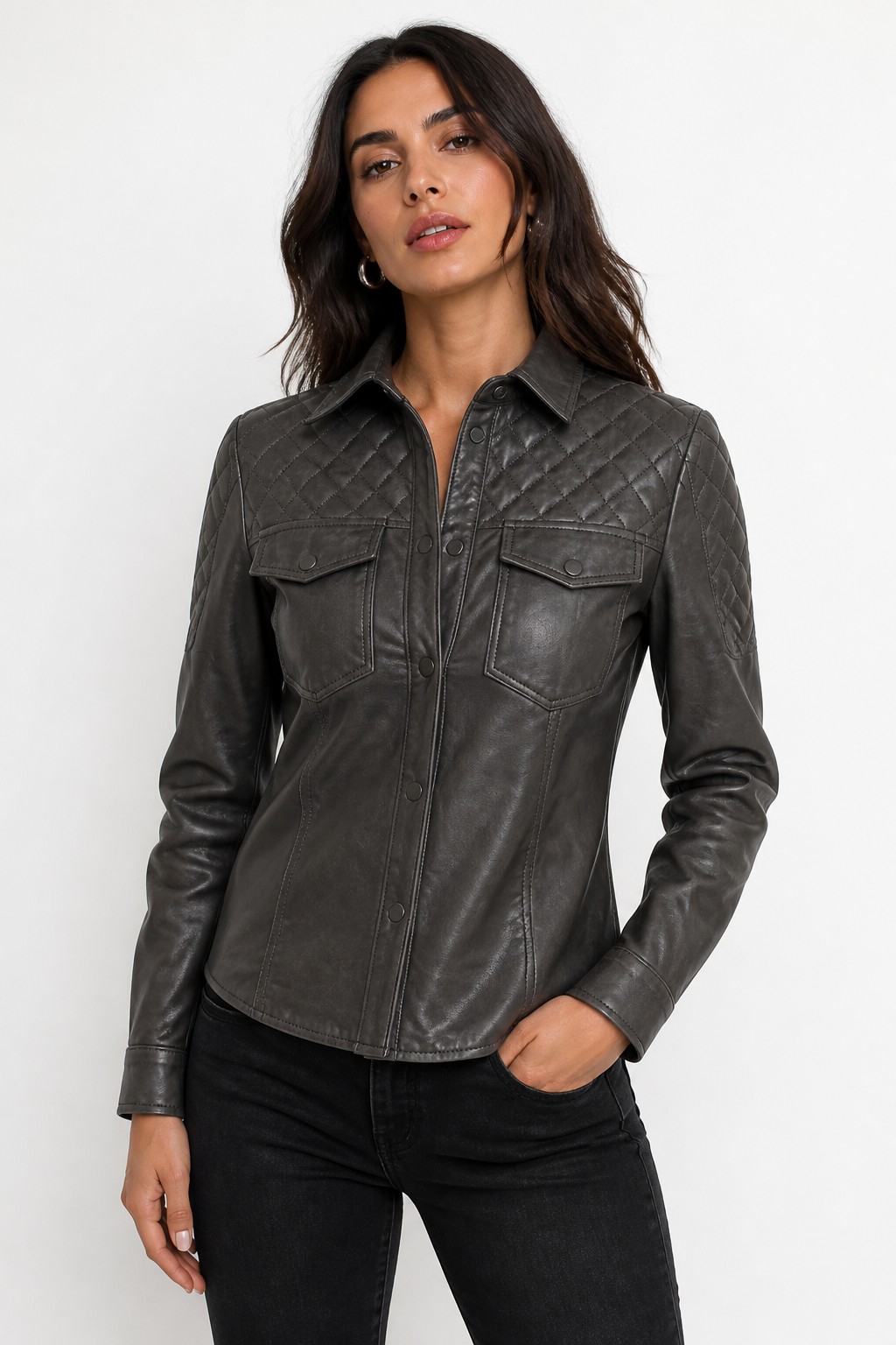 Women Charcoal Quilted Biker Shirt 04