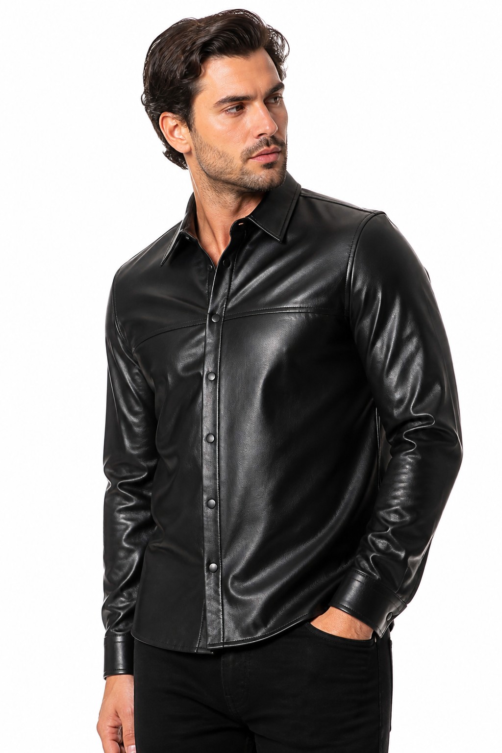 Men Black Fashion Leather Shirt 01