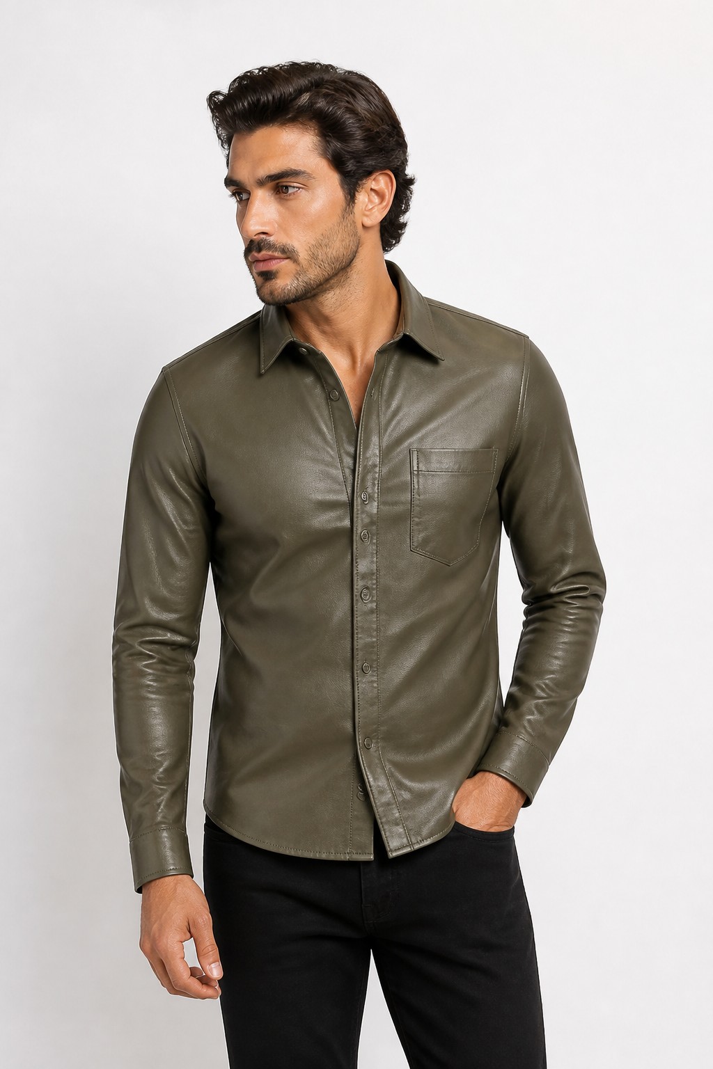 Men Olive Fashion Leather Shirt 03