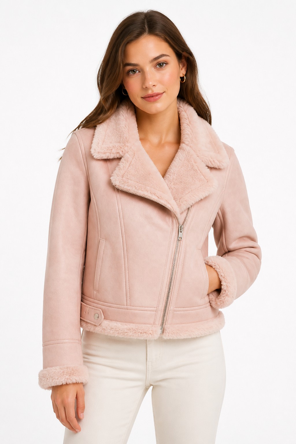 Women Pink Fur Bomber Jacket 02