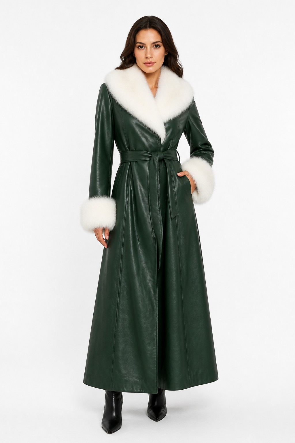 Women Green Fur Trim Coat 04