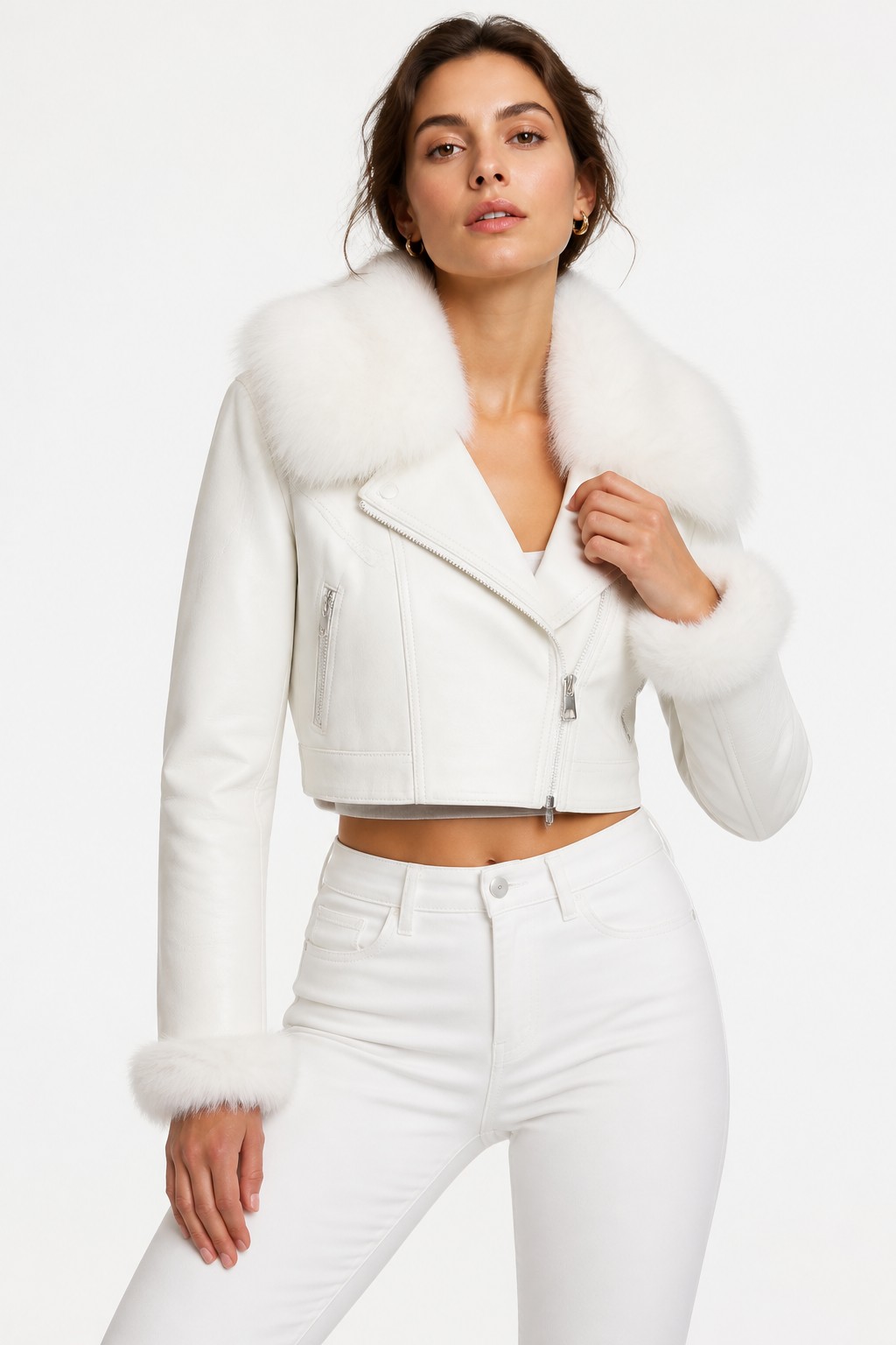 Women White Cropped Fur Jacket 06