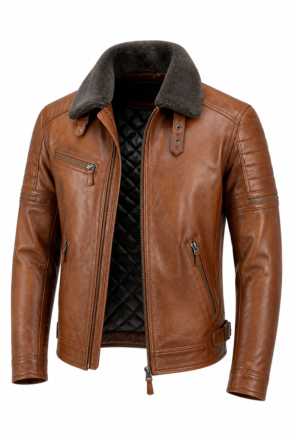 Men Cognac Fur Collar Moto Jacket 07