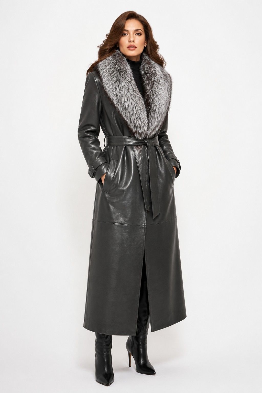 Women Charcoal Fur Lapel Trench 08