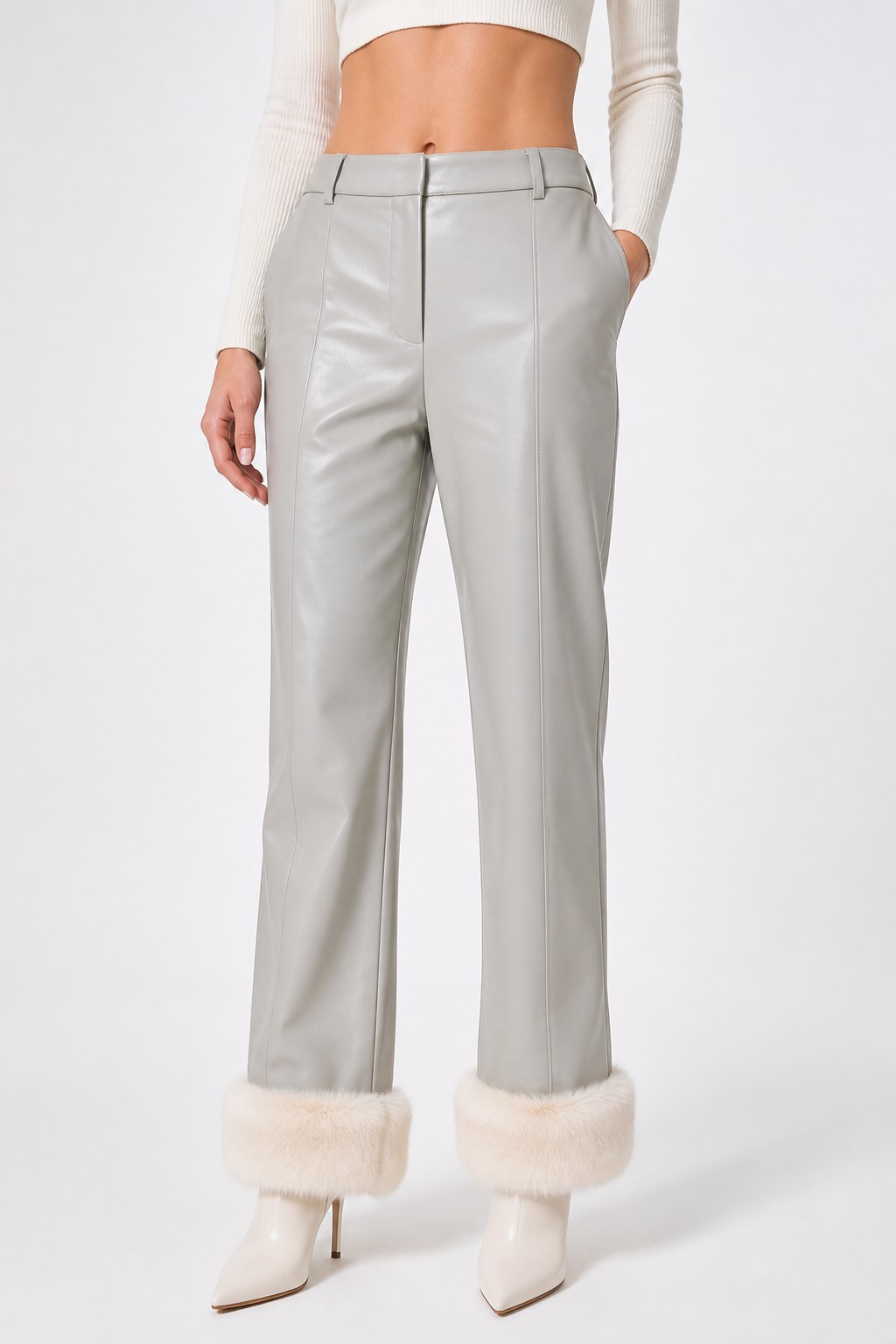 Women Light Grey Fur Trim Pants 04