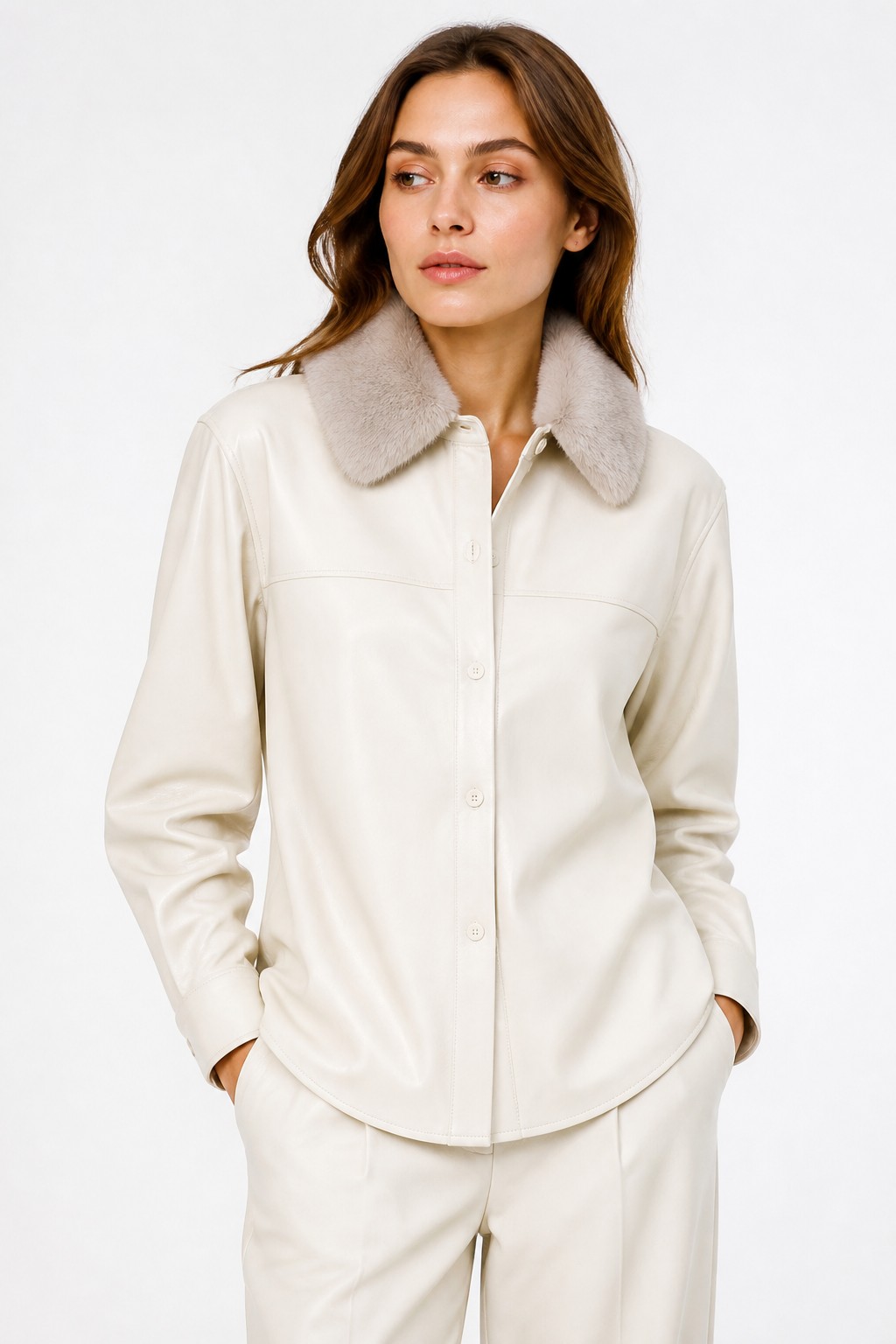 Women Ivory Fur Collar Shirt 04