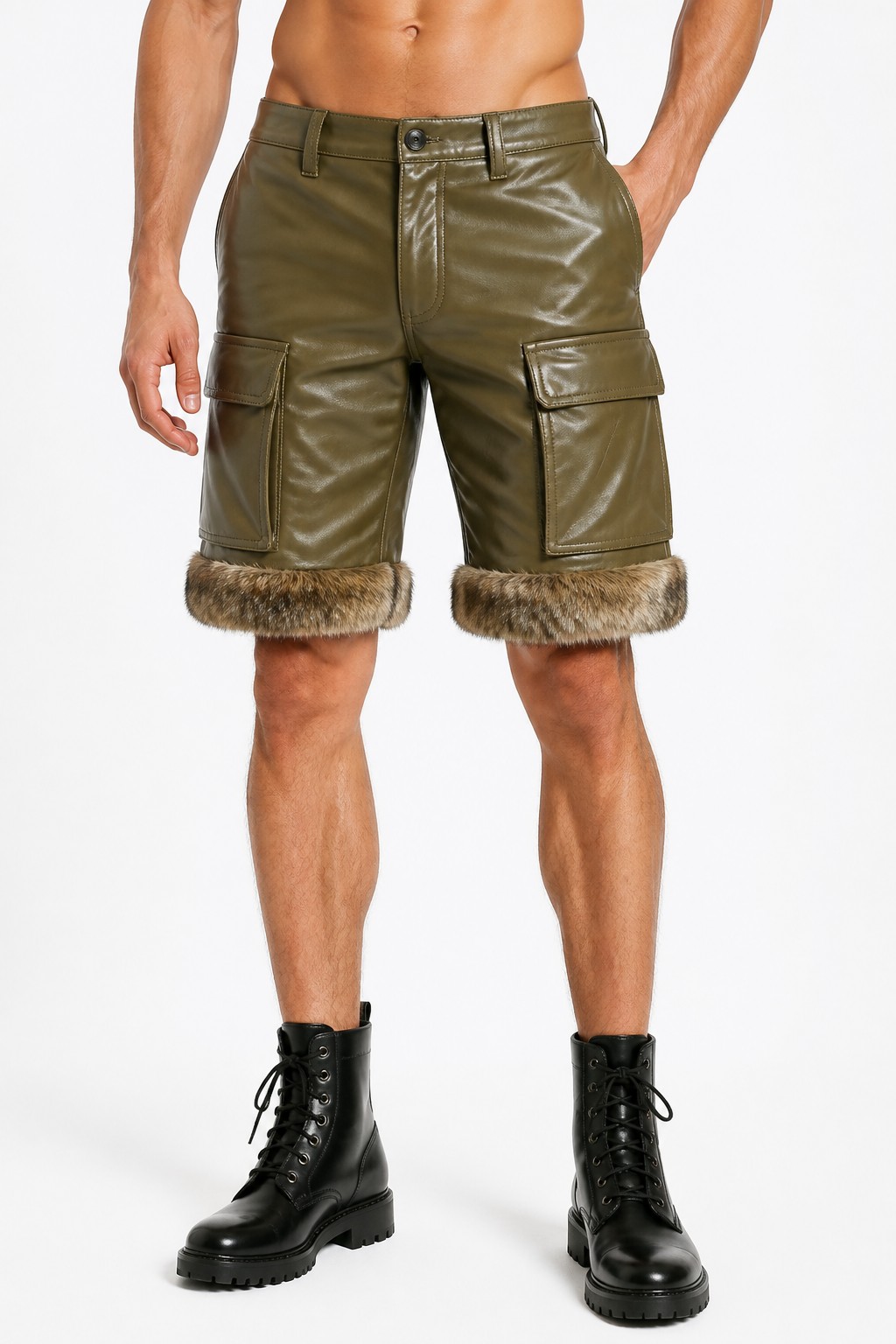 Men Olive Fur Accent Shorts 03