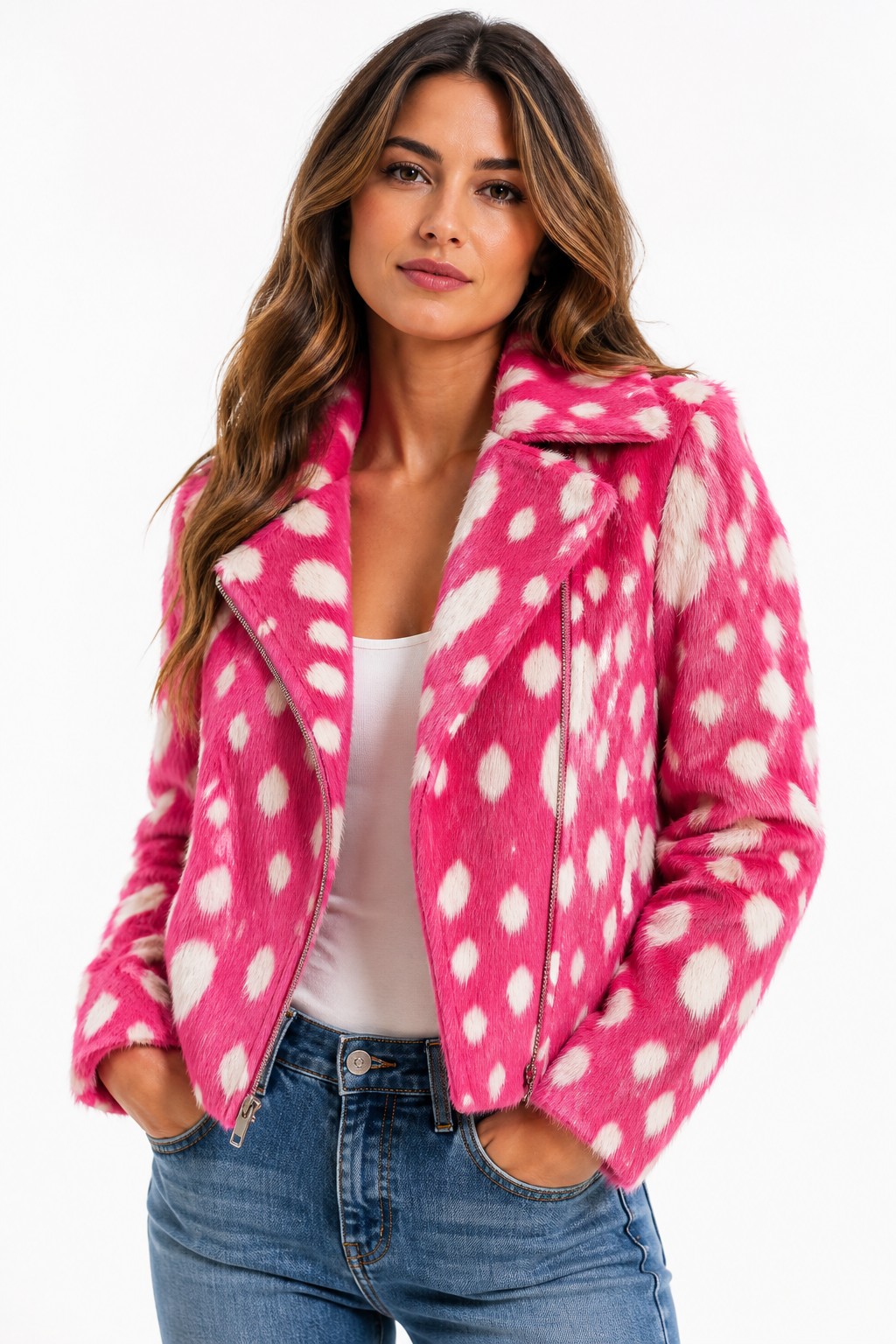 Women Pink Spotted Hair-on Jacket 02