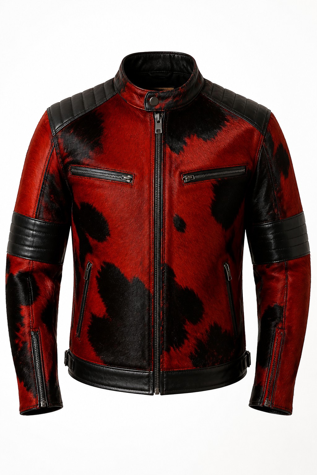 Men Red Black Hair-on Moto Jacket 03