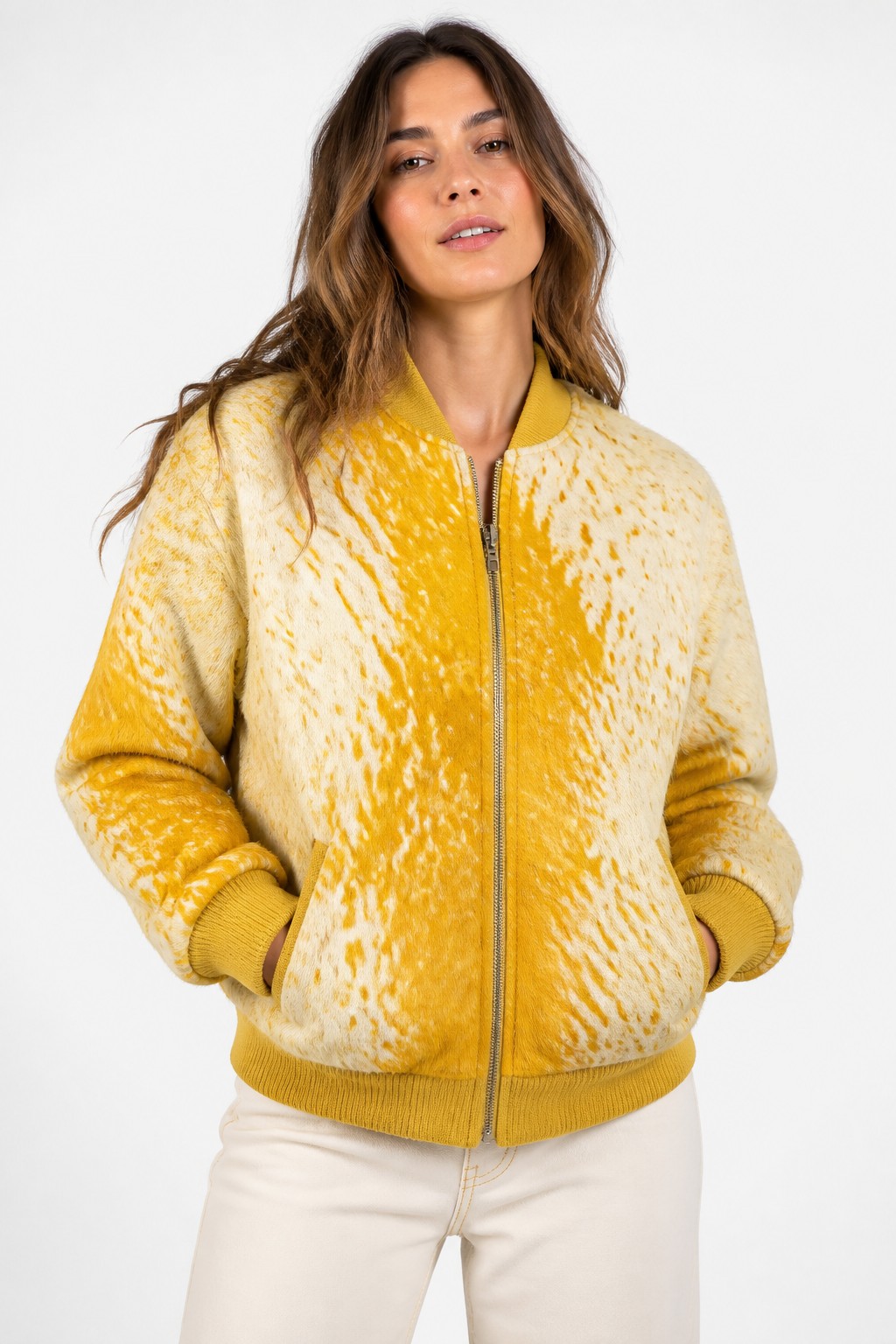Women Yellow Cream Hair-on Bomber 04