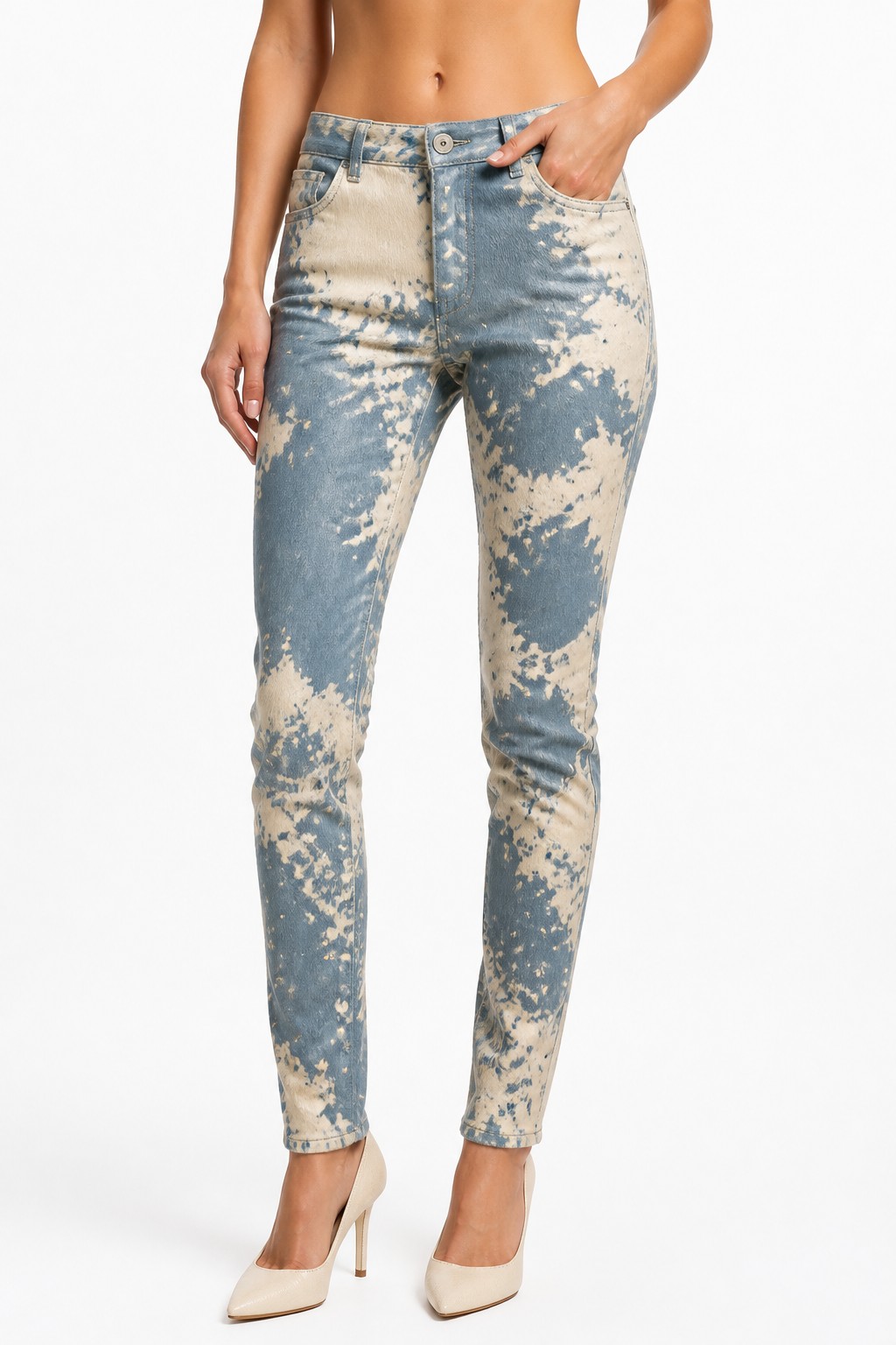 Women Blue Cream Hair-on Pants 02