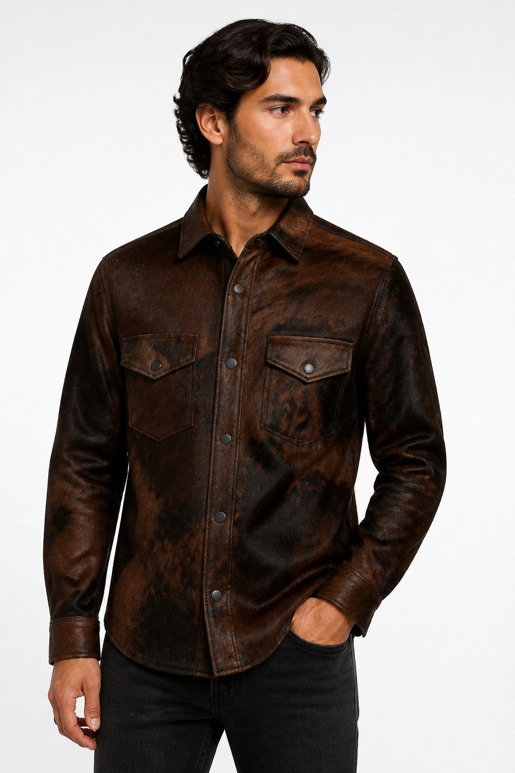 Men Brown Black Hair-on Shirt 03