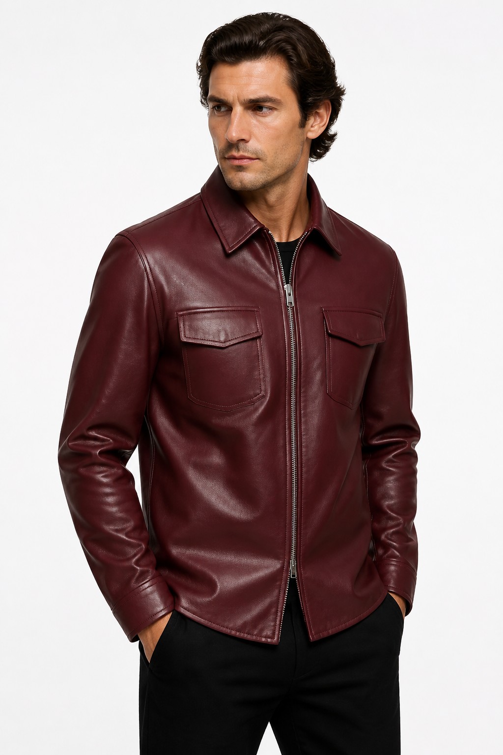 Men Burgundy Shirt Style Jacket 03