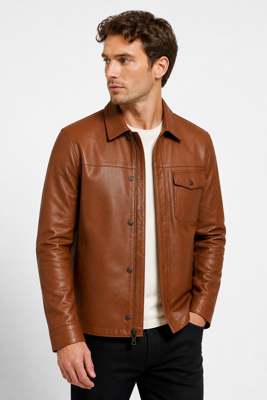 Men Cognac Shirt Style Jacket 07