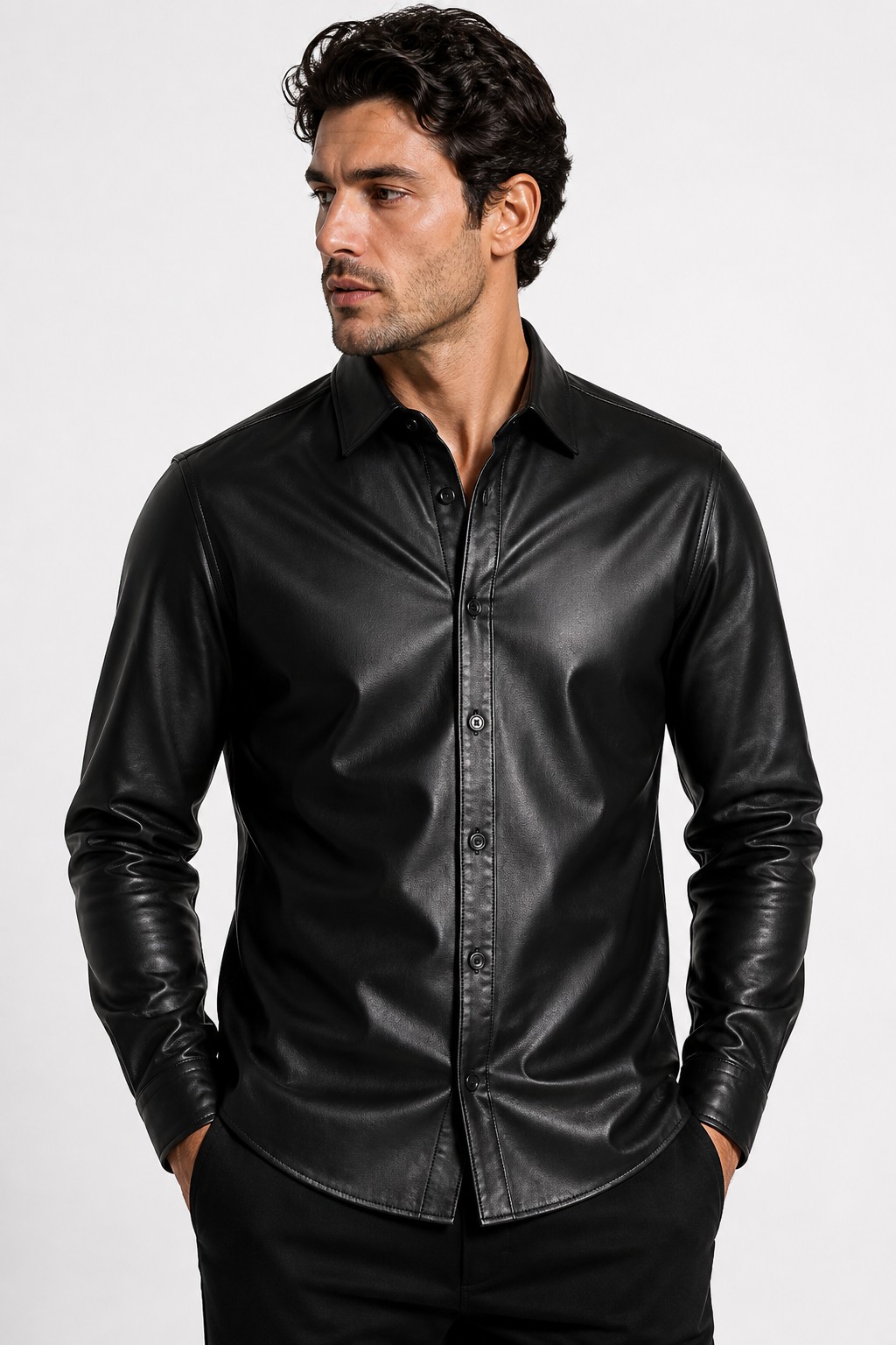 Men Black Leather Shirt 01
