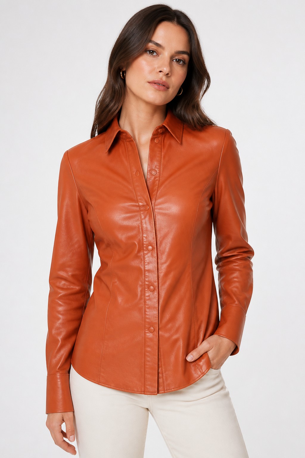 Women Terracotta Leather Shirt 02