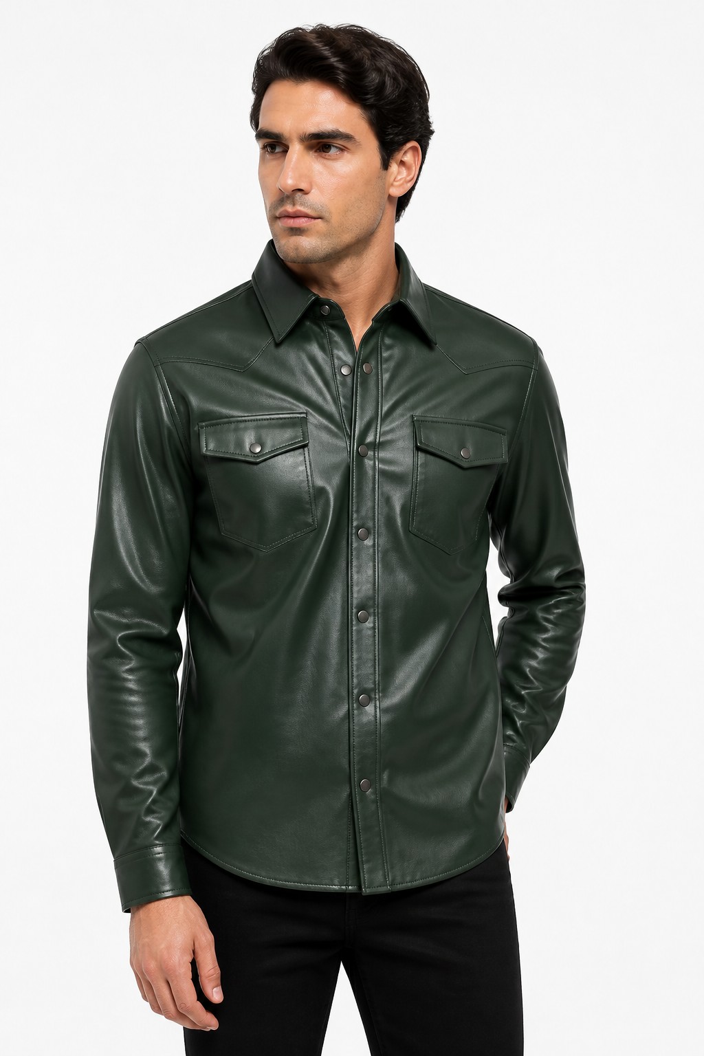 Men Forest Green Leather Shirt 03