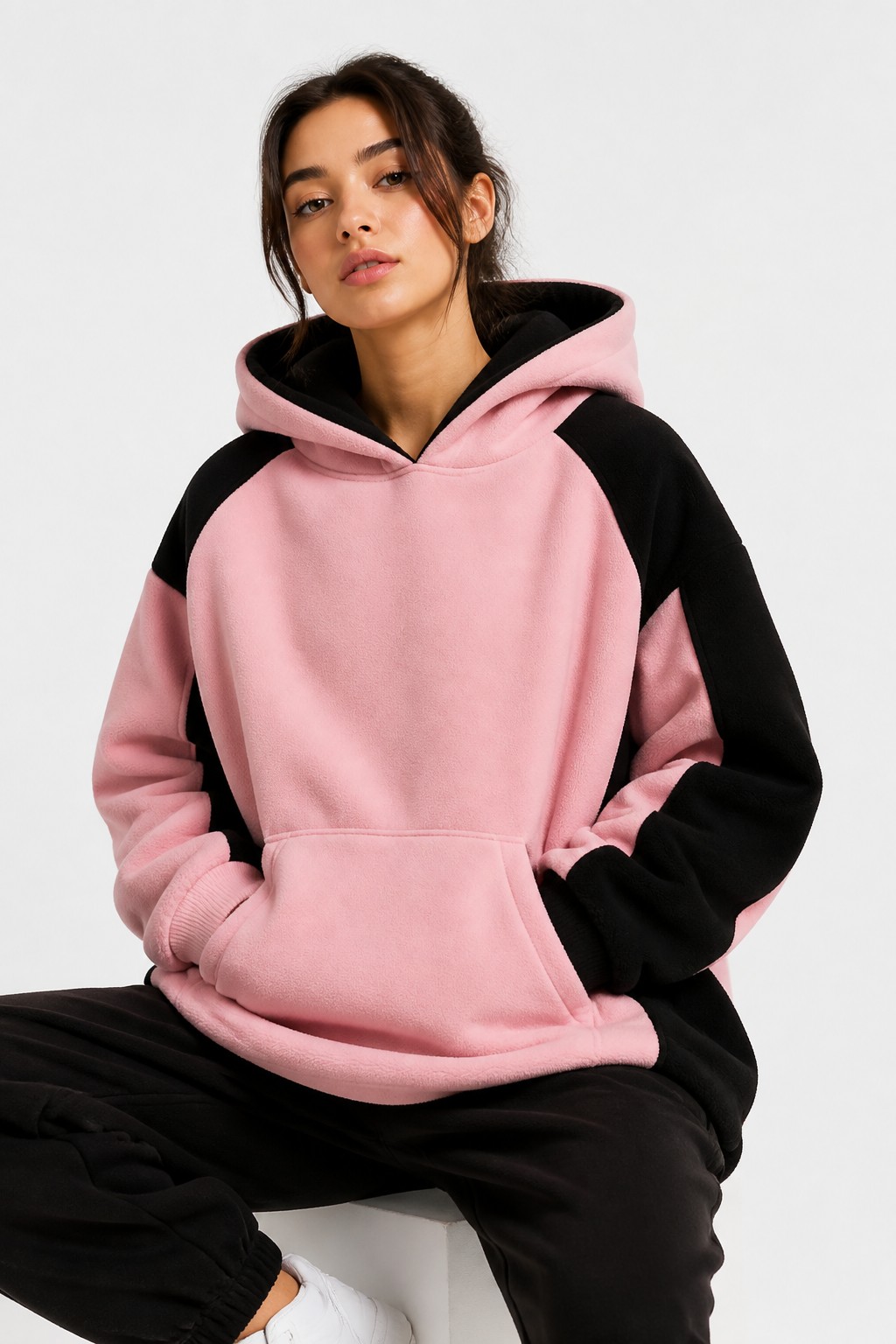 Pink Black Contrast Hoodie