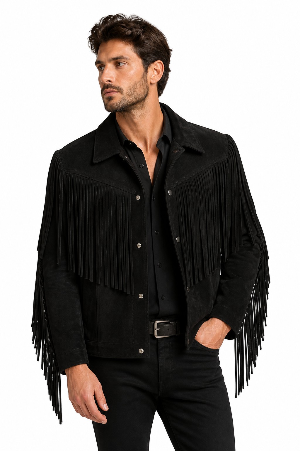 Men Black Western Fringe Jacket 01