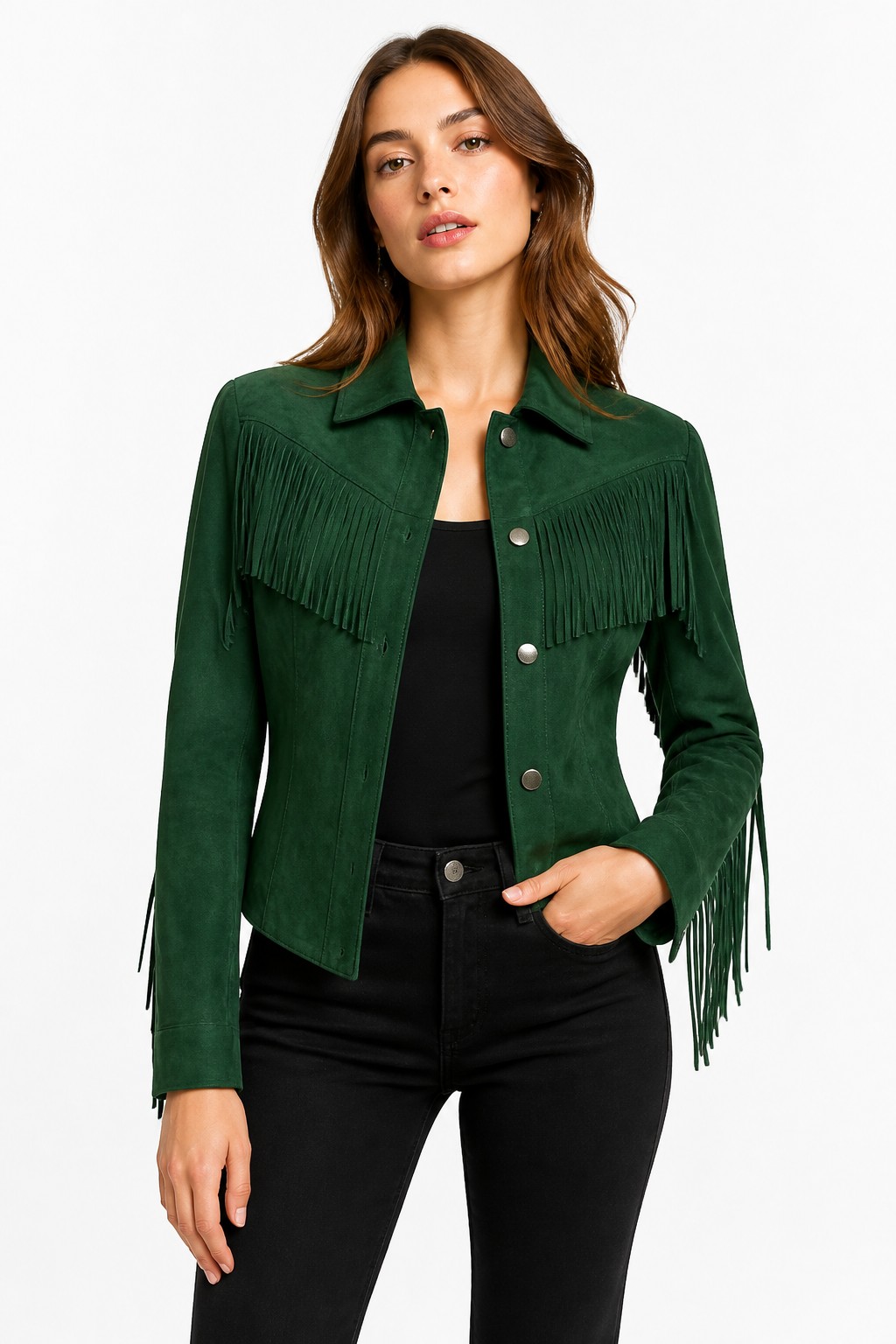 Women Green Western Fringe Jacket 04
