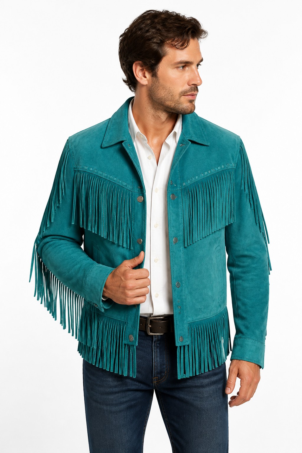Men Teal Western Fringe Jacket 07