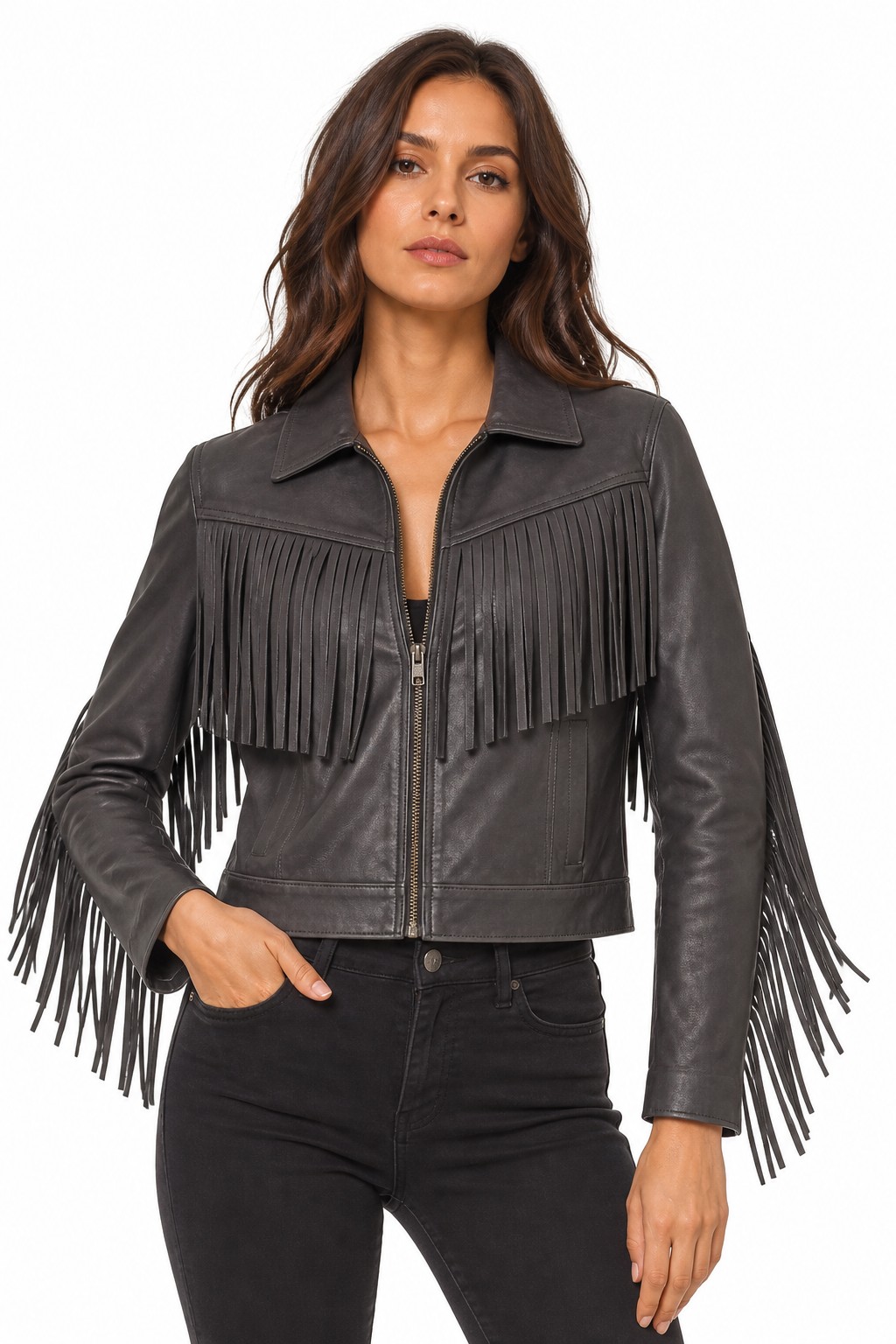 Women Charcoal Western Fringe Jacket 08