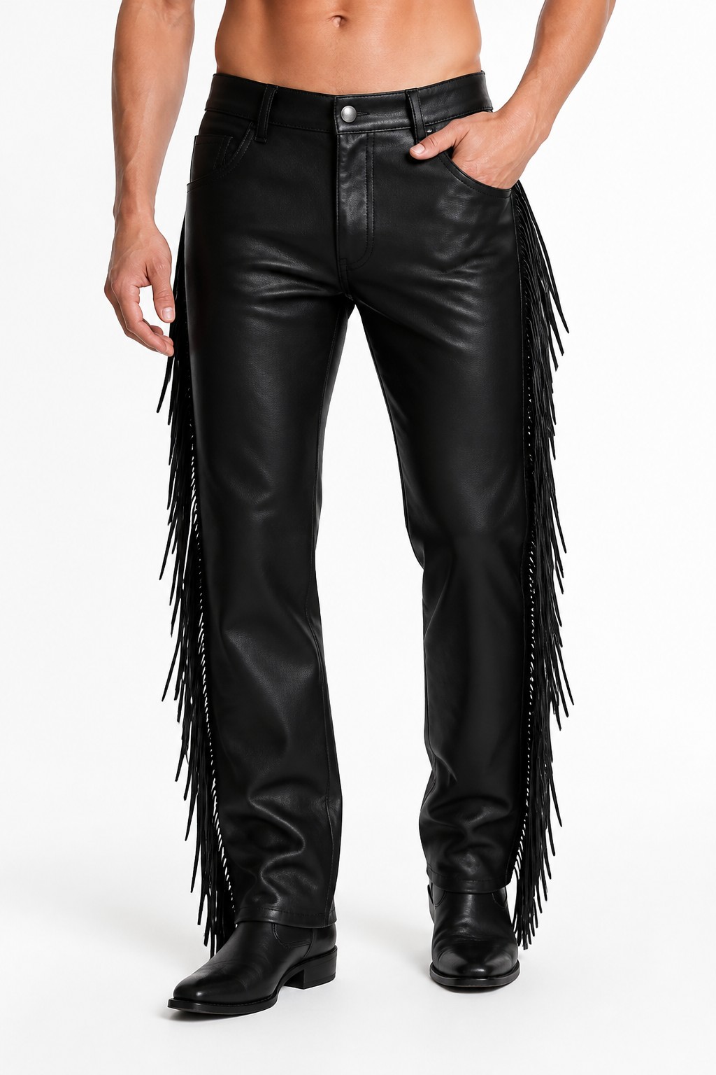 Men Black Western Fringe Pants 01