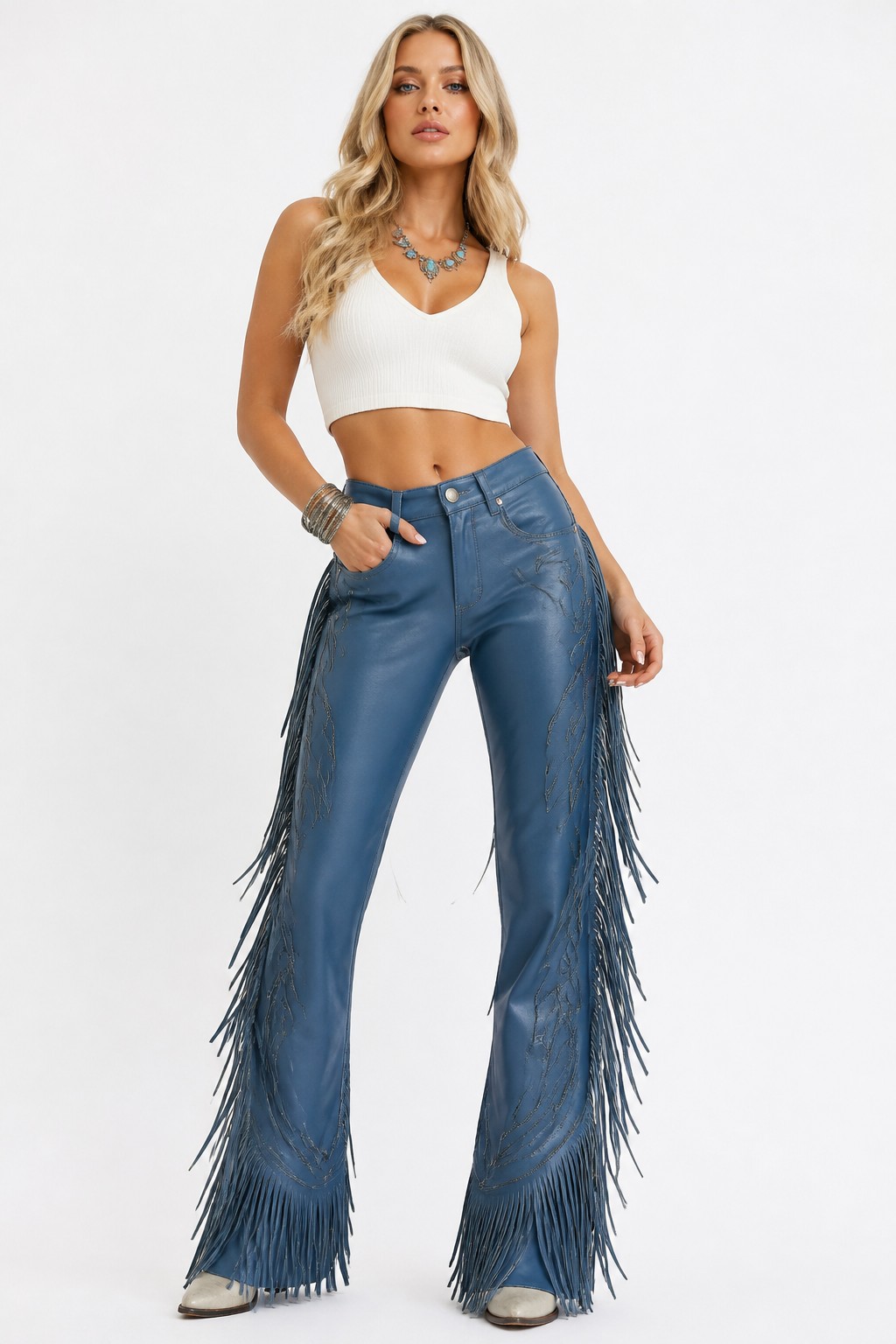 Women Denim Blue Western Fringe Pants 02