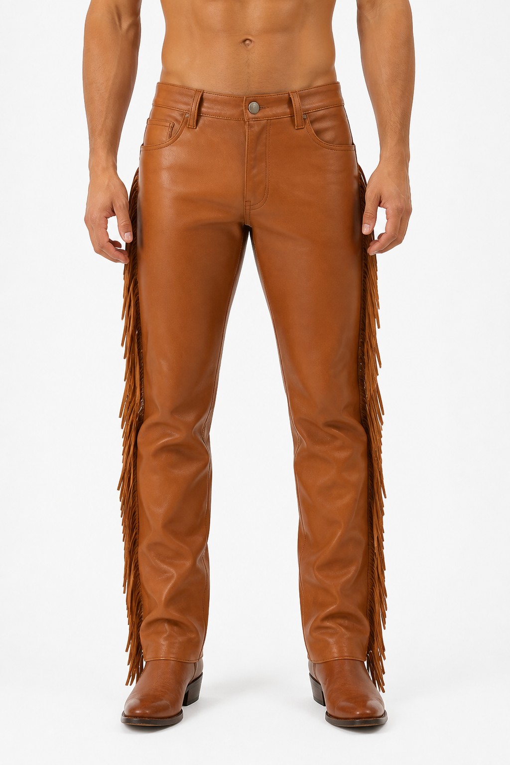 Men Cognac Western Fringe Pants 03