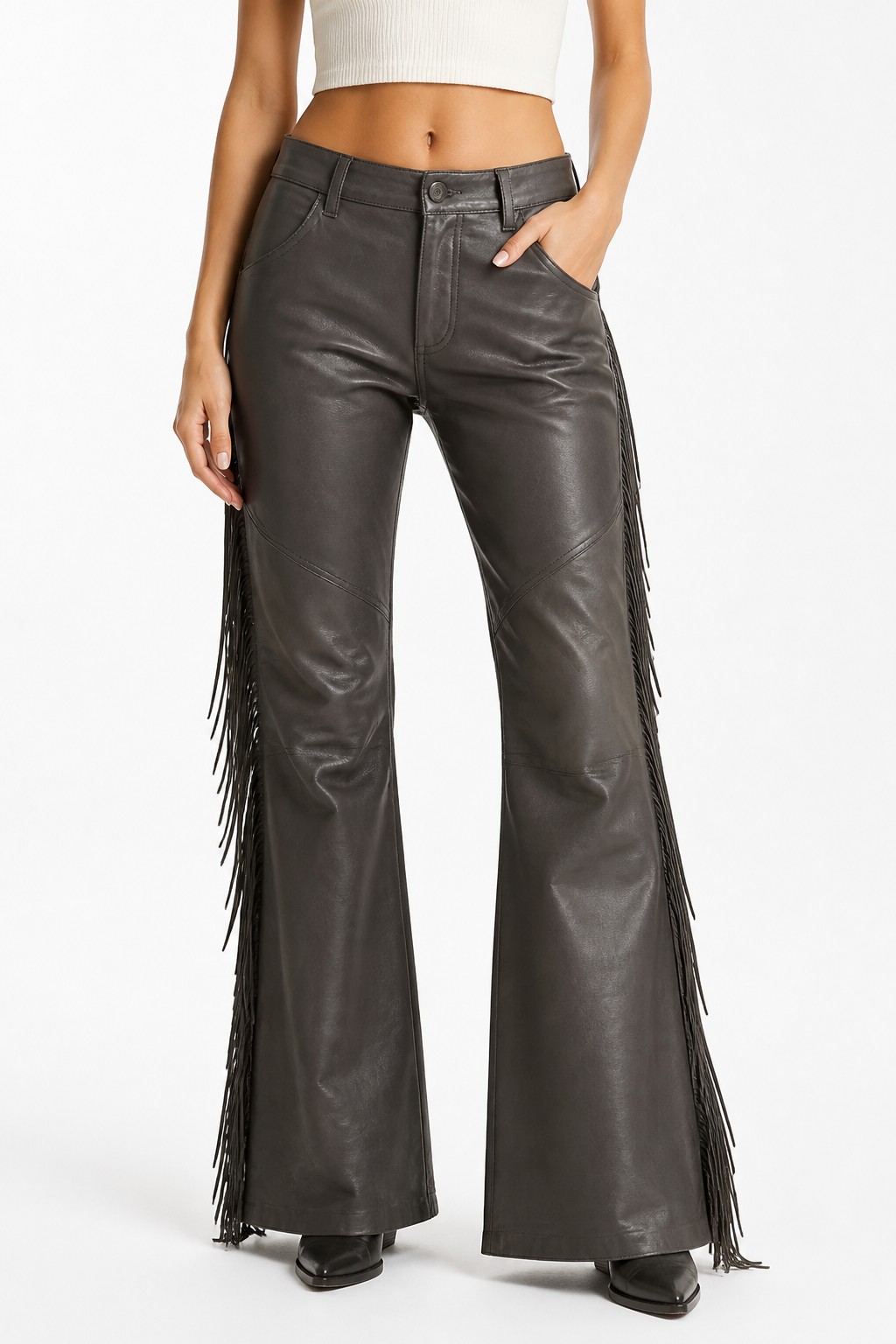 Women Charcoal Western Fringe Pants 04