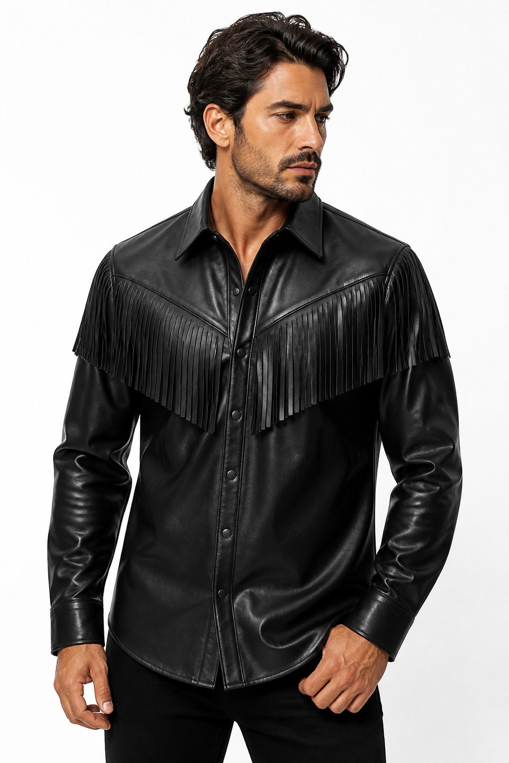 Men Black Western Fringe Shirt 01