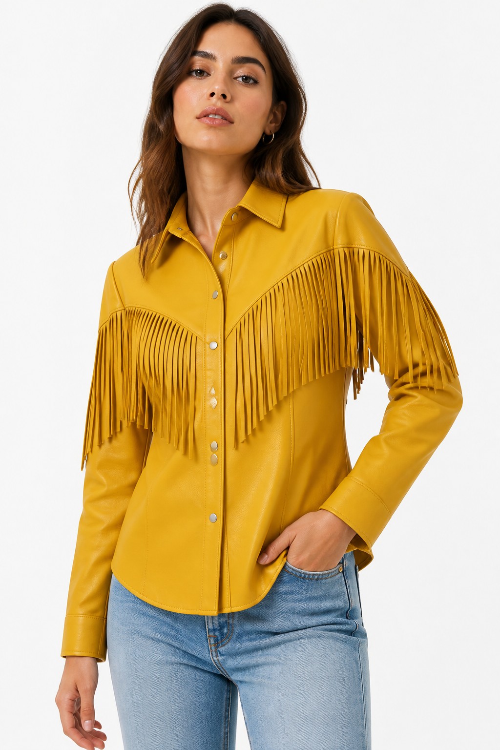 Women Mustard Western Fringe Shirt 02