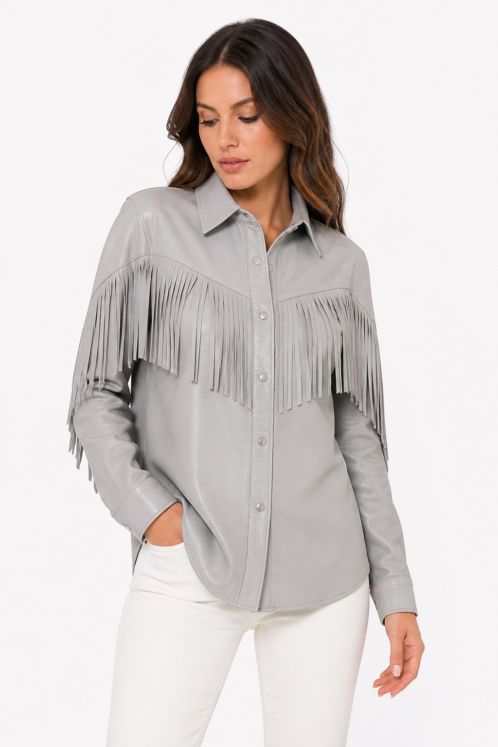 Women Light Grey Western Fringe Shirt 04