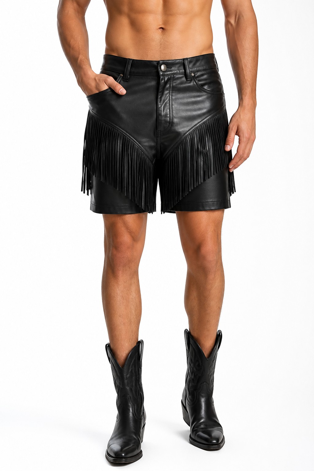Men Black Western Fringe Shorts 01