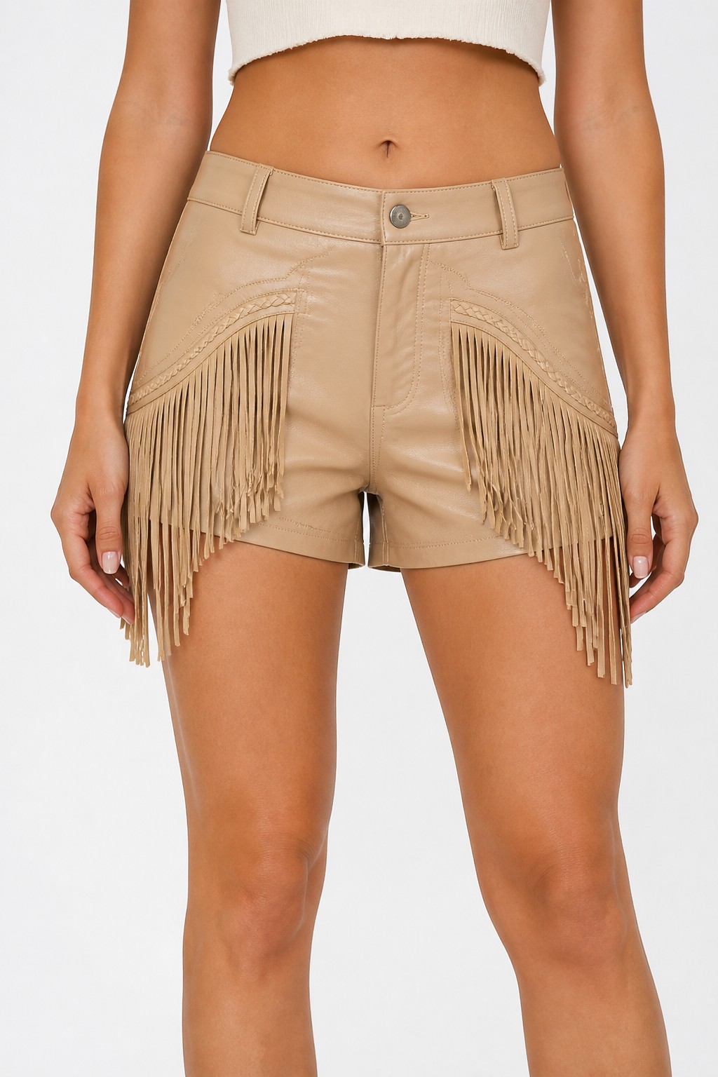 Women Beige Western Fringe Shorts 04